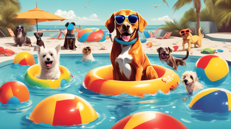 A dog with sunglasses on a floatie in a pool, surrounded by other dogs playing with beach balls and frisbees, with a banner that says Waggie Pet Zone.