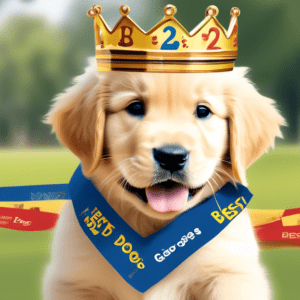 A golden retriever puppy wearing a small crown, shaking paws with a human wearing a Best Dog Trainer 2024 sash, with a Georges River Council banner in the background.