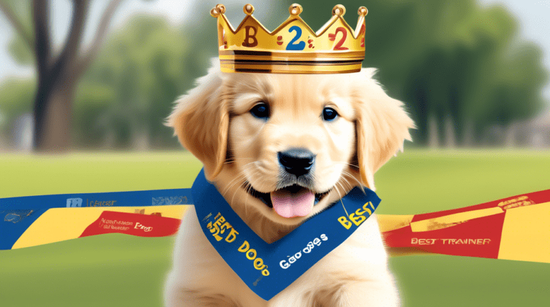 A golden retriever puppy wearing a small crown, shaking paws with a human wearing a Best Dog Trainer 2024 sash, with a Georges River Council banner in the background.