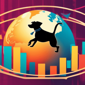 A globe wearing a graduation cap with a dog happily jumping through a hoop held by a human silhouette against a backdrop of growth charts and dollar signs.