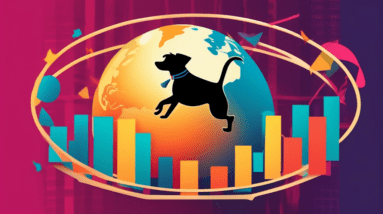 A globe wearing a graduation cap with a dog happily jumping through a hoop held by a human silhouette against a backdrop of growth charts and dollar signs.