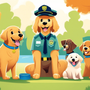 A happy golden retriever puppy wearing a blue collar sits attentively in a park with other dogs and their owners, a park ranger in uniform smiles while holding a training clicker and dog treats. The