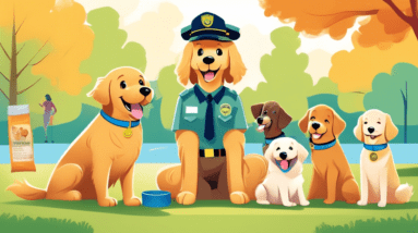 A happy golden retriever puppy wearing a blue collar sits attentively in a park with other dogs and their owners, a park ranger in uniform smiles while holding a training clicker and dog treats. The