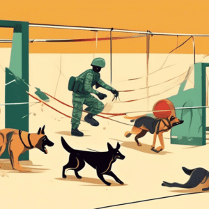 Military dogs from different countries training on an obstacle course with their handlers.