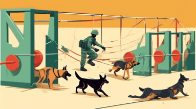 Military dogs from different countries training on an obstacle course with their handlers.