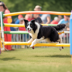 A lively scene at the Aldergrove Fair featuring a local instructor guiding a Border Collie through an exciting dog agility course. Obstacles such as tunnels, weave poles, and jumping hurdles are set u