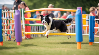 A lively scene at the Aldergrove Fair featuring a local instructor guiding a Border Collie through an exciting dog agility course. Obstacles such as tunnels, weave poles, and jumping hurdles are set u