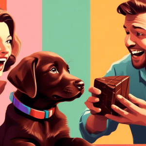 A man and a woman playfully debating while a chocolate lab puppy looks curiously at the camera.