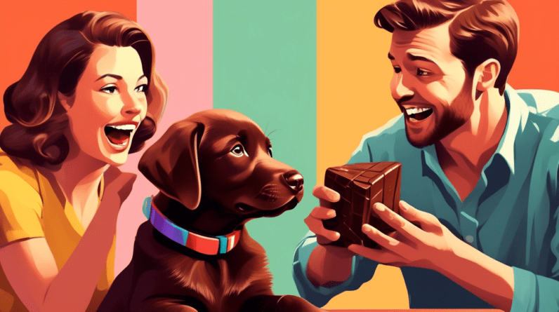 A man and a woman playfully debating while a chocolate lab puppy looks curiously at the camera.