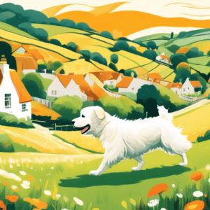 A happy neurodivergent person with a colorful aura trains their fluffy white dog amongst rolling green hills and honey-colored stone cottages in the Cotswolds.