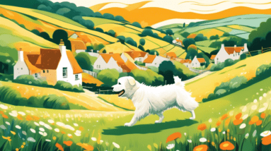 A happy neurodivergent person with a colorful aura trains their fluffy white dog amongst rolling green hills and honey-colored stone cottages in the Cotswolds.