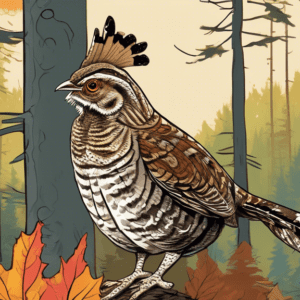 A ruffed grouse standing on a dog leash in the BWCA wilderness, with an owl perched on a tree branch above them, looking down menacingly.