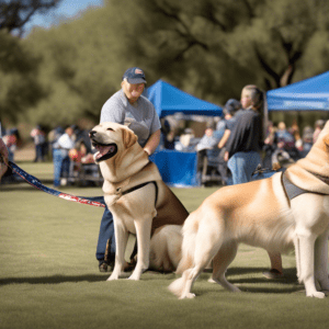 Create a heartwarming and dynamic image depicting a Sierra Vista charity event, where veterans and first responders are joyfully interacting with service dogs. Include scenes of professional trainers