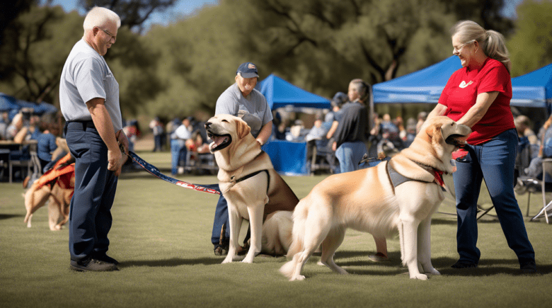 Create a heartwarming and dynamic image depicting a Sierra Vista charity event, where veterans and first responders are joyfully interacting with service dogs. Include scenes of professional trainers