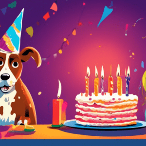 A confused dog with raised hackles looking at a birthday cake with lit candles.