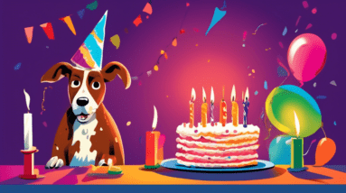 A confused dog with raised hackles looking at a birthday cake with lit candles.