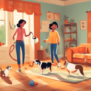 Create a detailed and illustrative scene depicting a dog owner standing in the middle of two different settings – one side shows a lively dog training class with obedience and agility exercises, and t