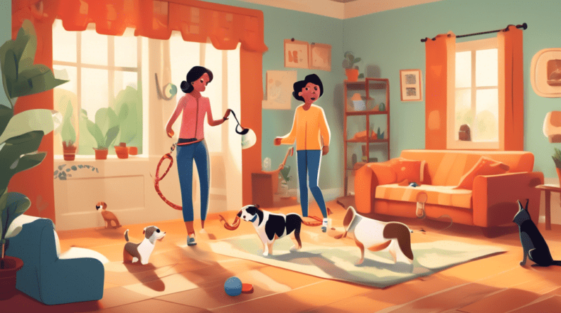 Create a detailed and illustrative scene depicting a dog owner standing in the middle of two different settings – one side shows a lively dog training class with obedience and agility exercises, and t