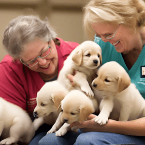 Create an image of caring volunteers in Northwest Ohio, nurturing and playing with adorable puppies in a training facility. The setting should be warm and inviting, showcasing the dedication and compa