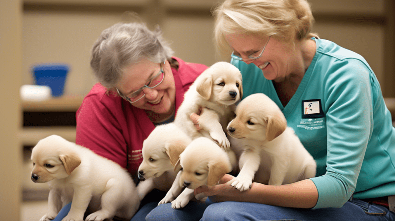 Create an image of caring volunteers in Northwest Ohio, nurturing and playing with adorable puppies in a training facility. The setting should be warm and inviting, showcasing the dedication and compa