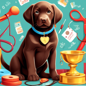 A chocolate lab puppy with a price tag on its collar surrounded by symbols of price factors, such as a dog show trophy, a veterinarian's stethoscope, and a dog breeder with a litter of puppies.