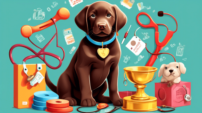 A chocolate lab puppy with a price tag on its collar surrounded by symbols of price factors, such as a dog show trophy, a veterinarian's stethoscope, and a dog breeder with a litter of puppies.