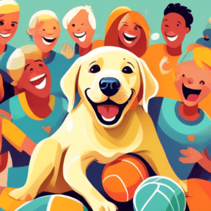 A happy labrador retriever puppy with a tennis ball surrounded by smiling people of different ages.