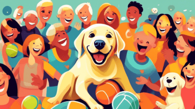 A happy labrador retriever puppy with a tennis ball surrounded by smiling people of different ages.