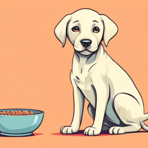 A cute labrador puppy with sad eyes begging for food with an empty bowl in the background.