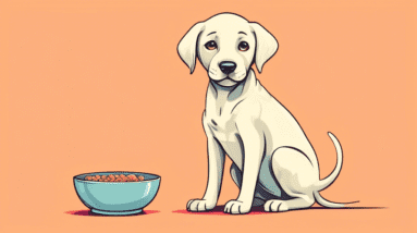 A cute labrador puppy with sad eyes begging for food with an empty bowl in the background.