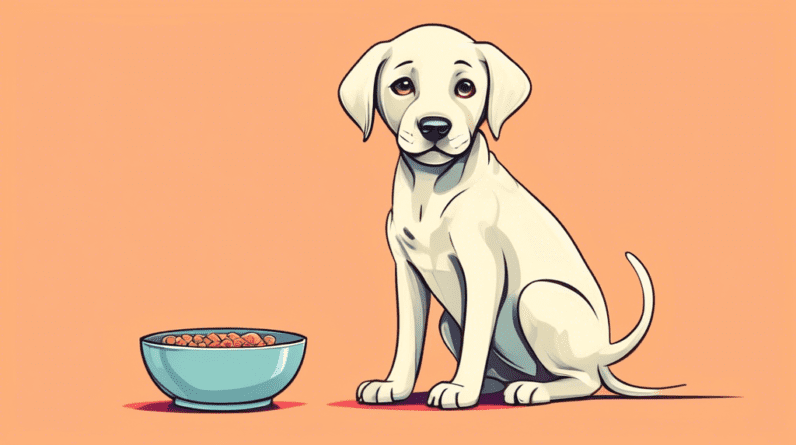 A cute labrador puppy with sad eyes begging for food with an empty bowl in the background.