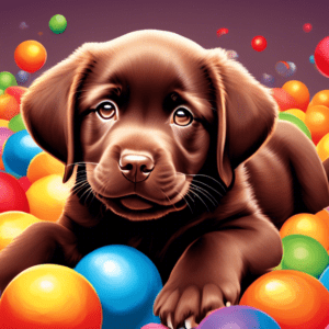 A chocolate lab puppy with its head tilted, big brown eyes, and a happy smile, surrounded by colorful balls and toys.