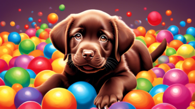 A chocolate lab puppy with its head tilted, big brown eyes, and a happy smile, surrounded by colorful balls and toys.