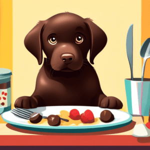 A chocolate lab puppy looking longingly at a plate of food with a fork and spoon on either side.