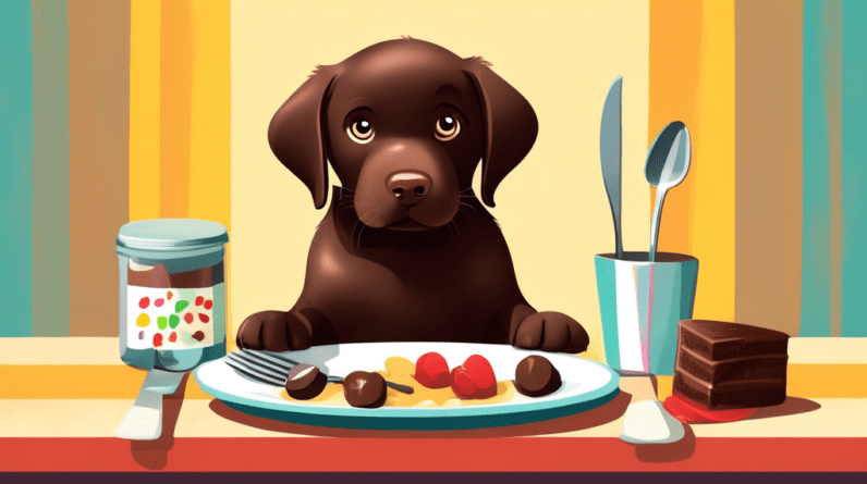 A chocolate lab puppy looking longingly at a plate of food with a fork and spoon on either side.