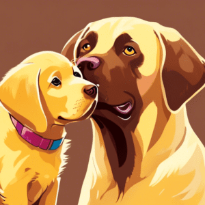 A chocolate labrador puppy looking guilty with chocolate smeared on its nose, next to a surprised looking older yellow labrador.