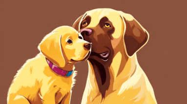 A chocolate labrador puppy looking guilty with chocolate smeared on its nose, next to a surprised looking older yellow labrador.