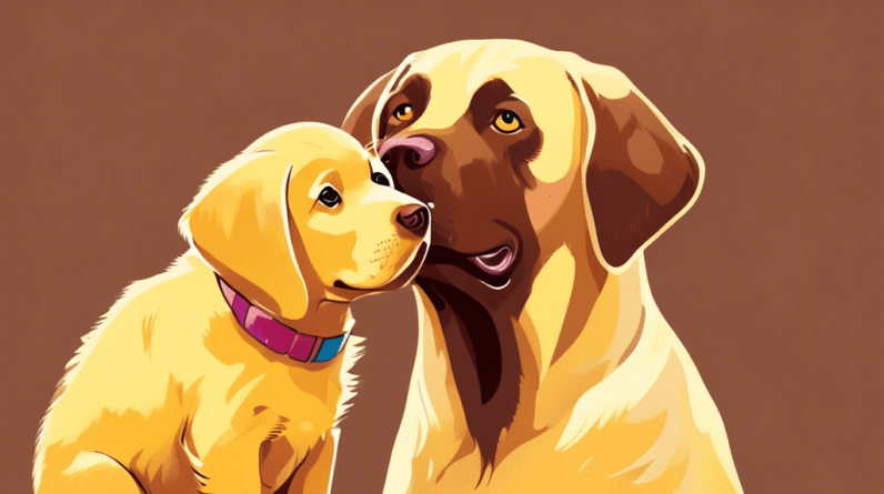 A chocolate labrador puppy looking guilty with chocolate smeared on its nose, next to a surprised looking older yellow labrador.