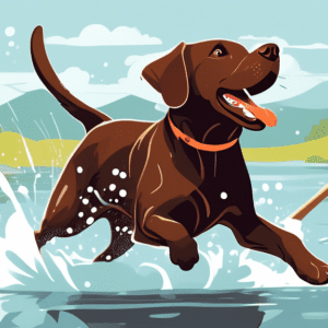 A chocolate labrador retriever joyfully splashing in a lake, retrieving a wooden stick.