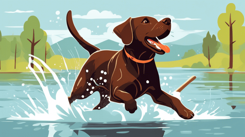 A chocolate labrador retriever joyfully splashing in a lake, retrieving a wooden stick.