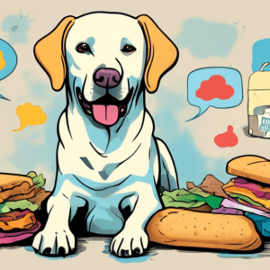 A labrador retriever with a thought bubble above its head, filled with images of smelly socks, dirty laundry, and a half-eaten sandwich.