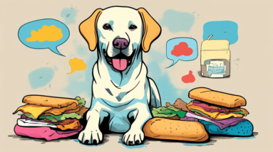 A labrador retriever with a thought bubble above its head, filled with images of smelly socks, dirty laundry, and a half-eaten sandwich.