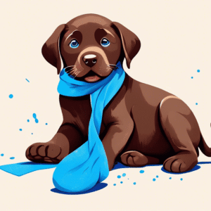 A mischievous chocolate labrador puppy with a guilty expression, holding a bright blue sock in its mouth