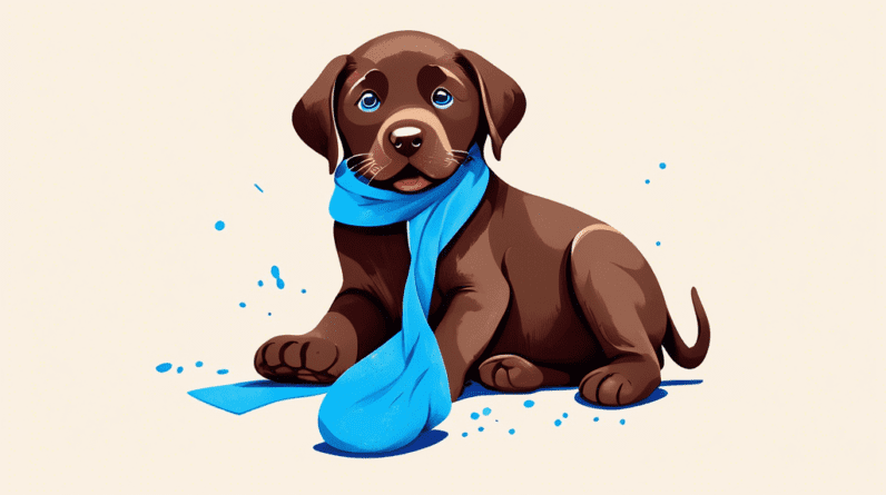 A mischievous chocolate labrador puppy with a guilty expression, holding a bright blue sock in its mouth