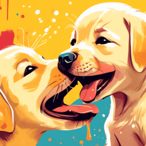 A yellow labrador puppy showering a laughing child's face with enthusiastic, sloppy kisses.