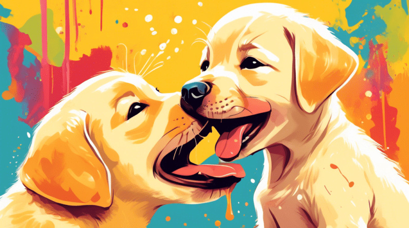 A yellow labrador puppy showering a laughing child's face with enthusiastic, sloppy kisses.