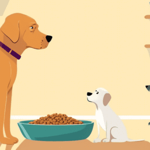 A sad labrador retriever looking at a full bowl of dog food with a concerned owner in the background.