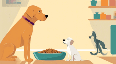 A sad labrador retriever looking at a full bowl of dog food with a concerned owner in the background.