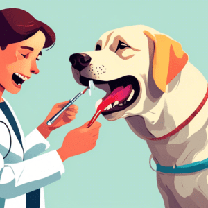 A worried Labrador Retriever panting heavily, with a thermometer in its mouth and a concerned veterinarian examining it.