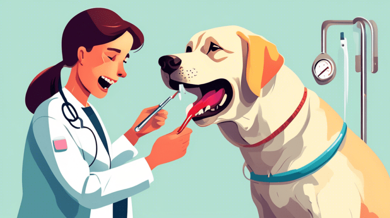 A worried Labrador Retriever panting heavily, with a thermometer in its mouth and a concerned veterinarian examining it.